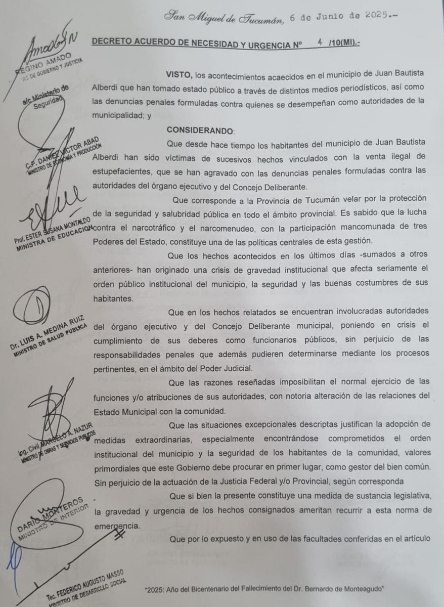 Decreto de necesidad y urgencia firmado por Jaldo